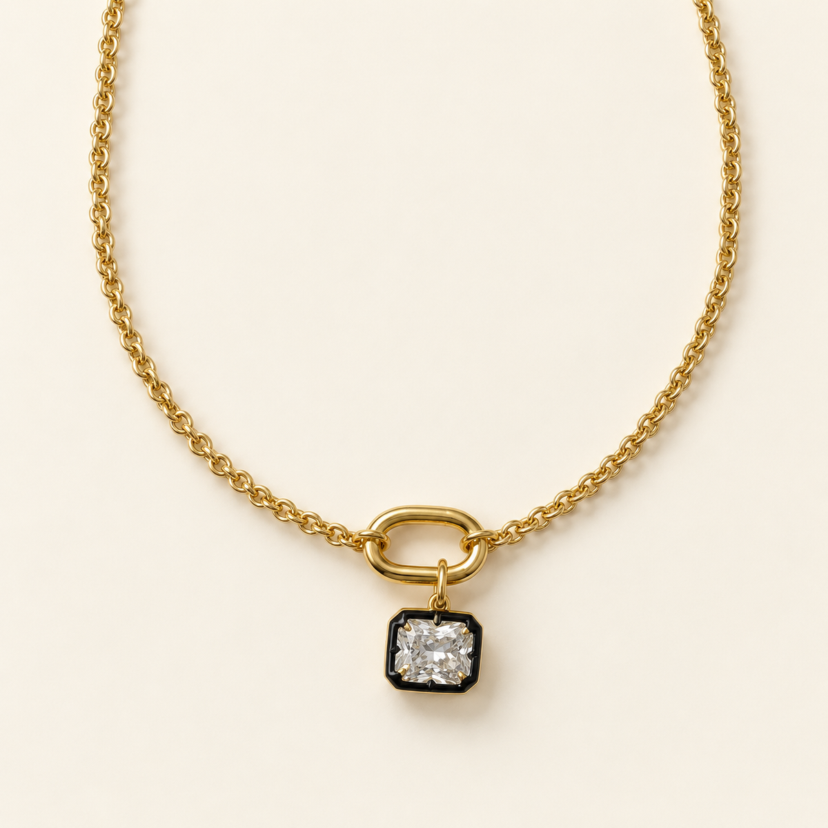 Black Enamel Diamond Charm Clasp Necklace