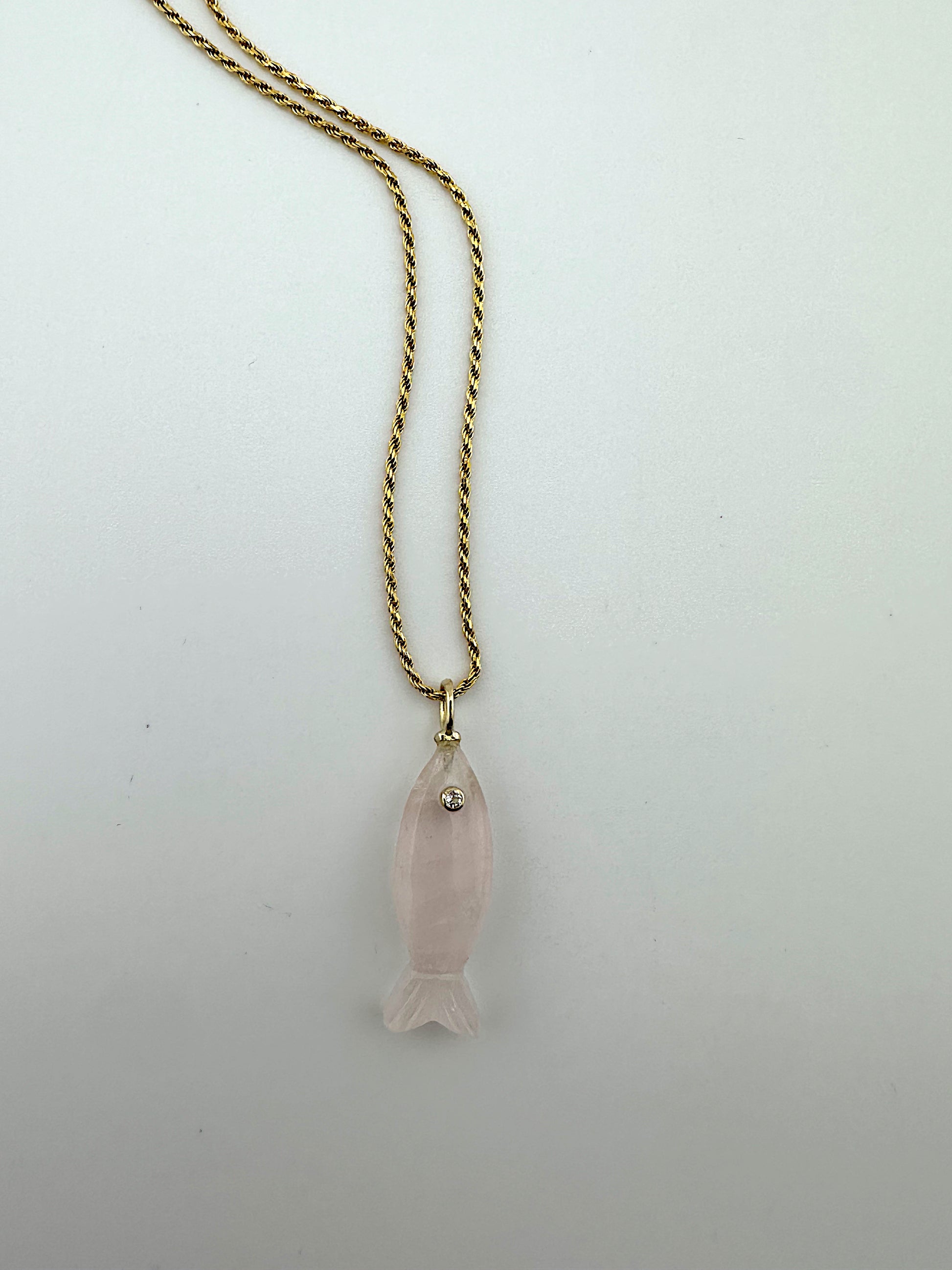 Good Luck Rose Quartz + White Topaz Fish Necklace