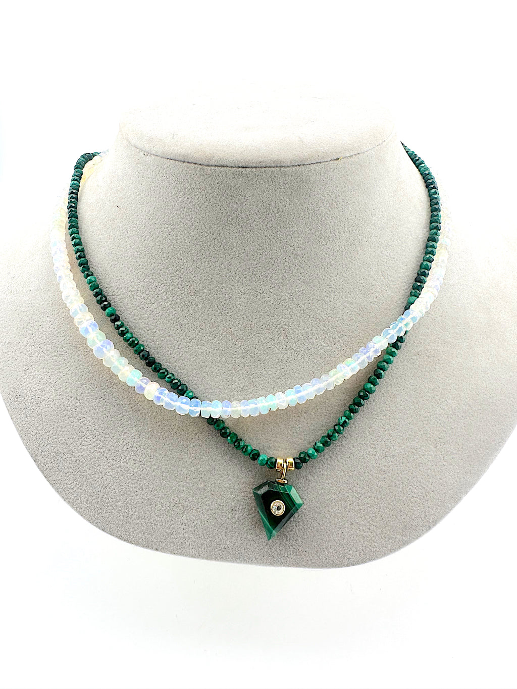Beaded Malachite + White Topaz Amulet