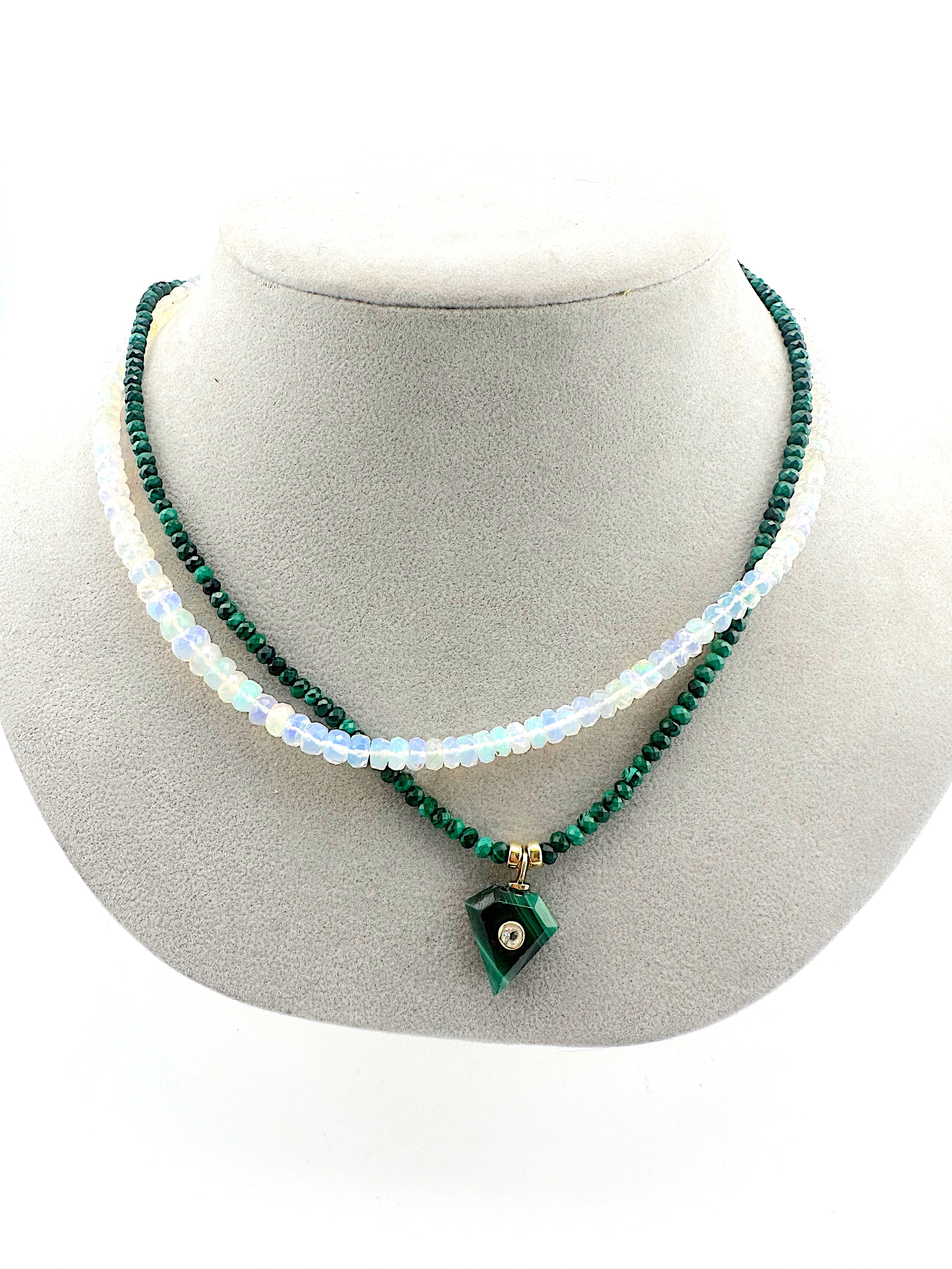 Beaded Malachite + White Topaz Amulet