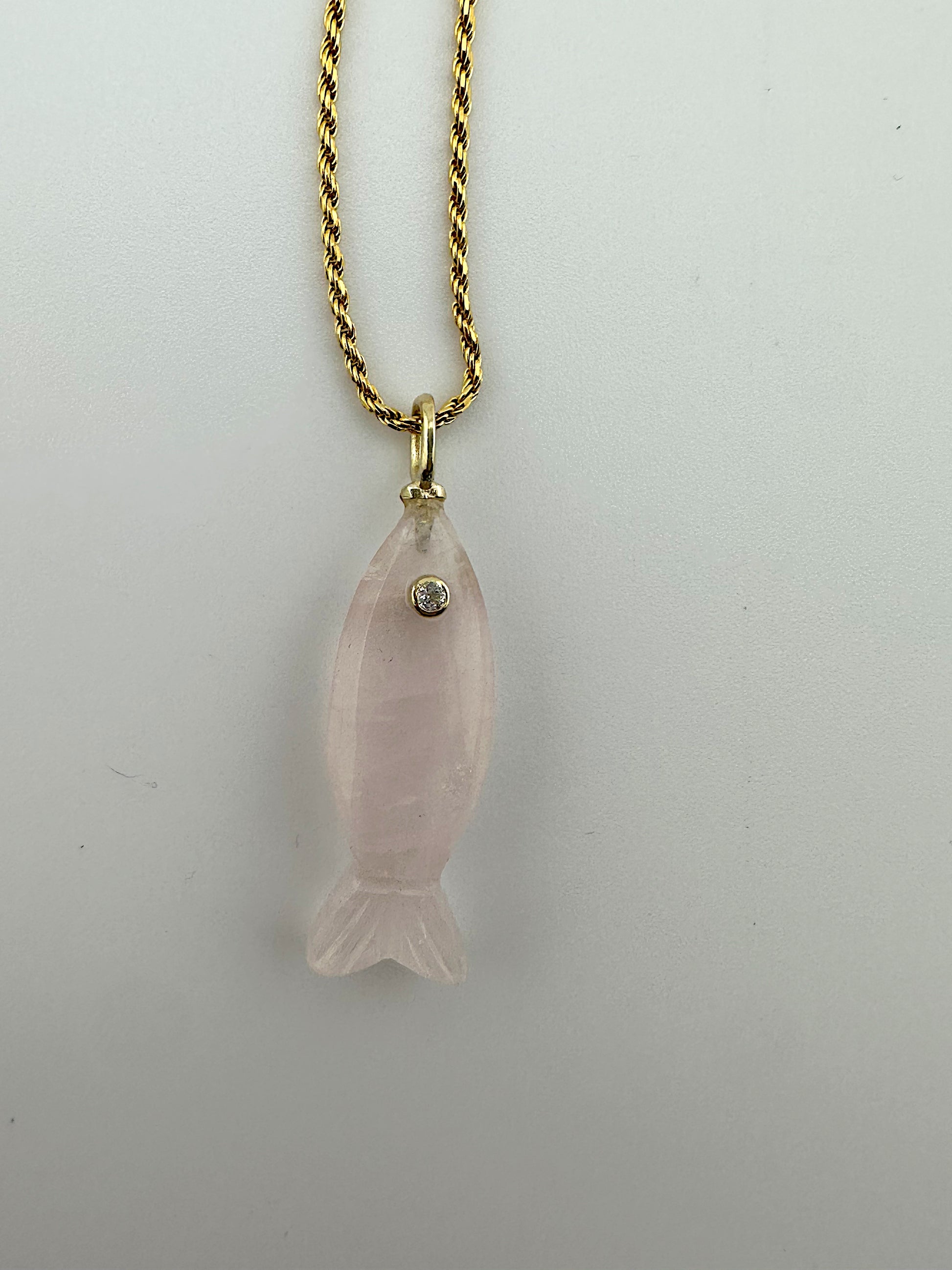 Good Luck Rose Quartz + White Topaz Fish Necklace